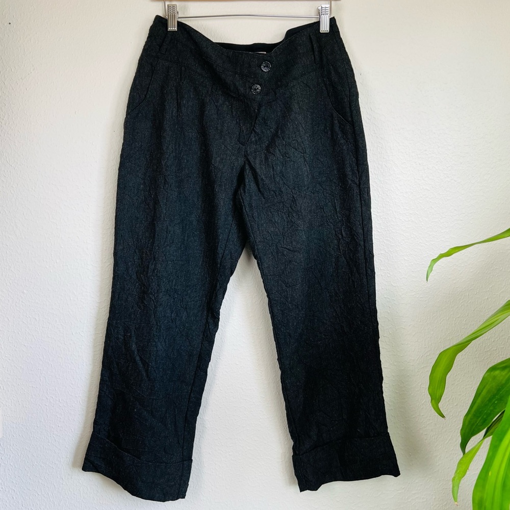CHARCOAL GREY CRINKLE DESIGN CROPPED CUFFED TROUSERS